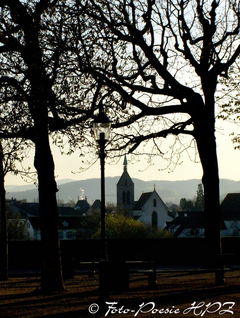 Erstes Morgenlicht auf die Pfalz beim Münster zuz Basel