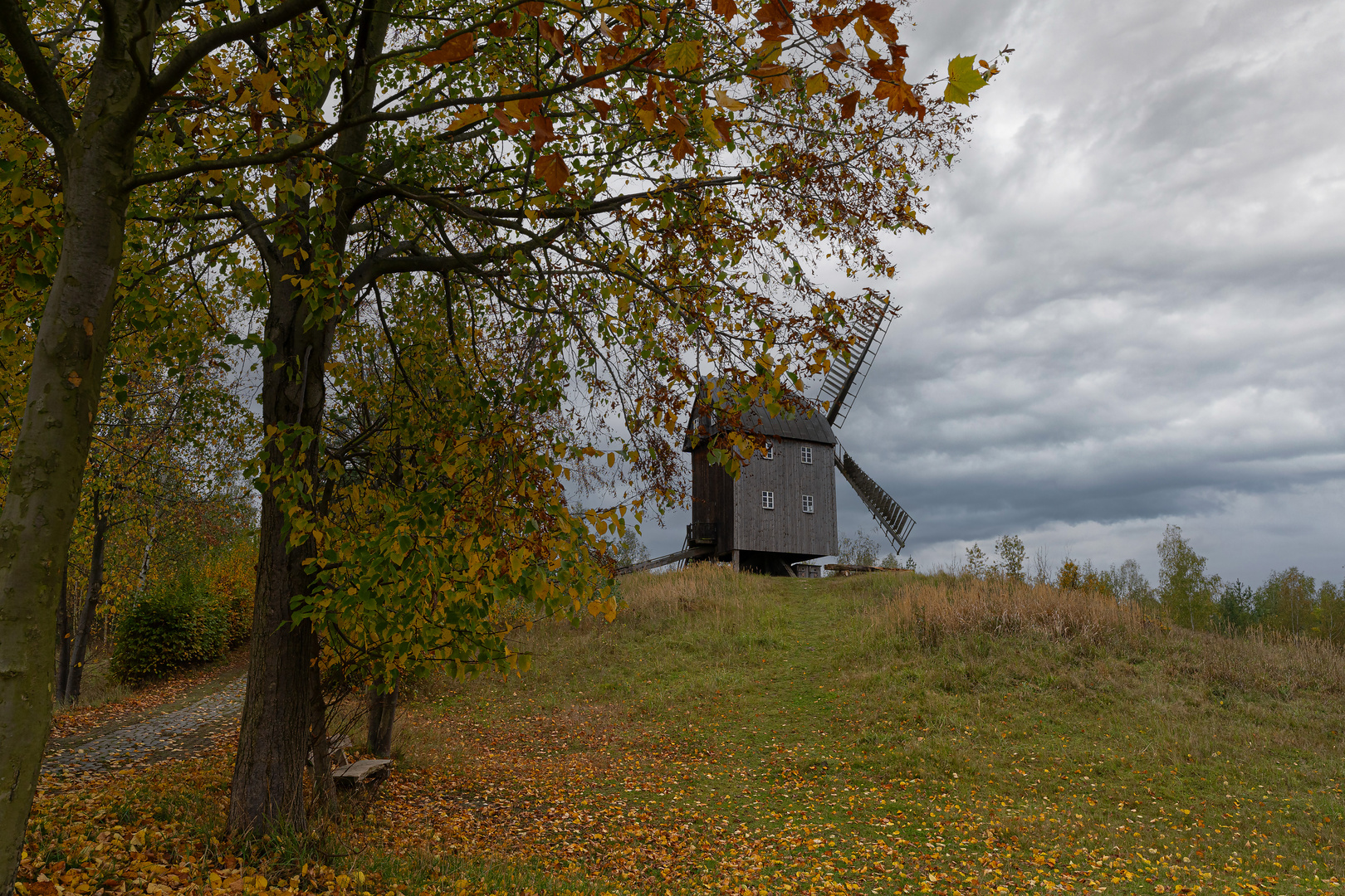 es ist Herbst an der Bockwindmühle in Schönau.