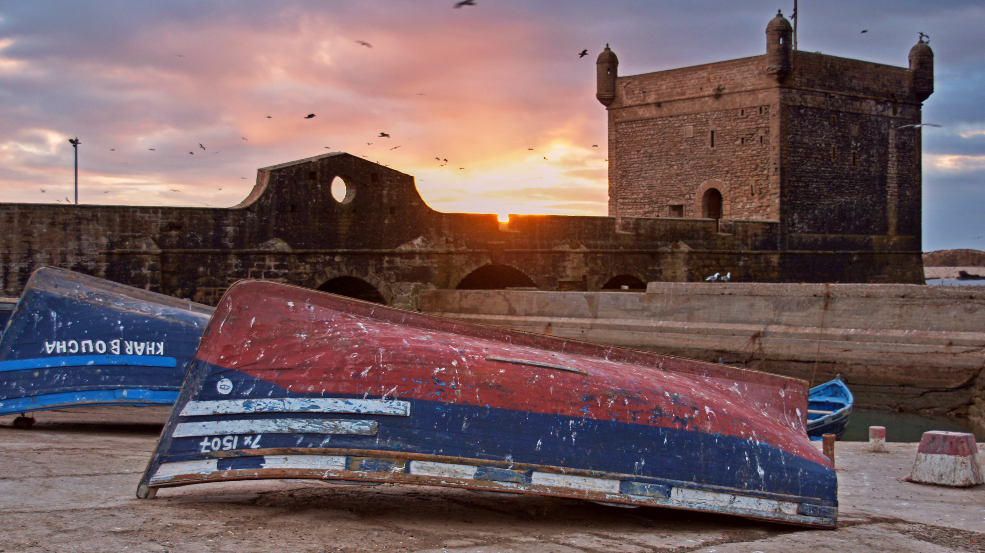 Essaouria Hafen mit Sonnenuntergang