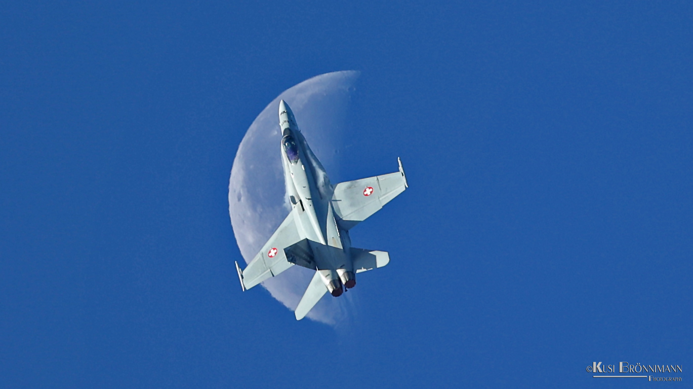 F/A-18 crossing Moon on Axalp 2022