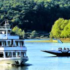 Fahrgastschiff und Personenfähre treffen sich auf dem Rhein