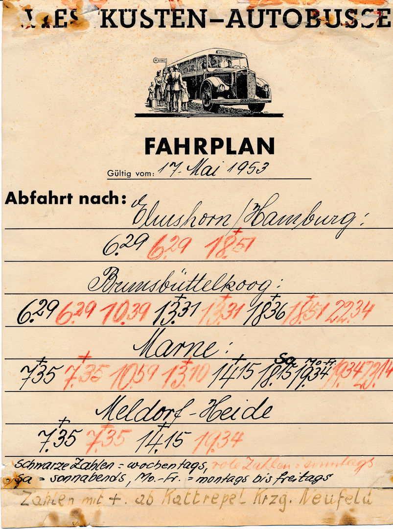 Fahrplan 1953 Meldorf -Elmshorn  Brunsbüttelkoog Marne Heide