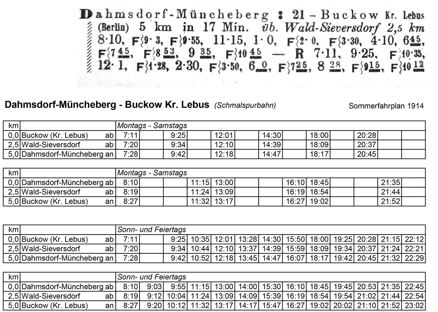 Fahrplan der Schmalspurbahn Müncheberg - Buckow 