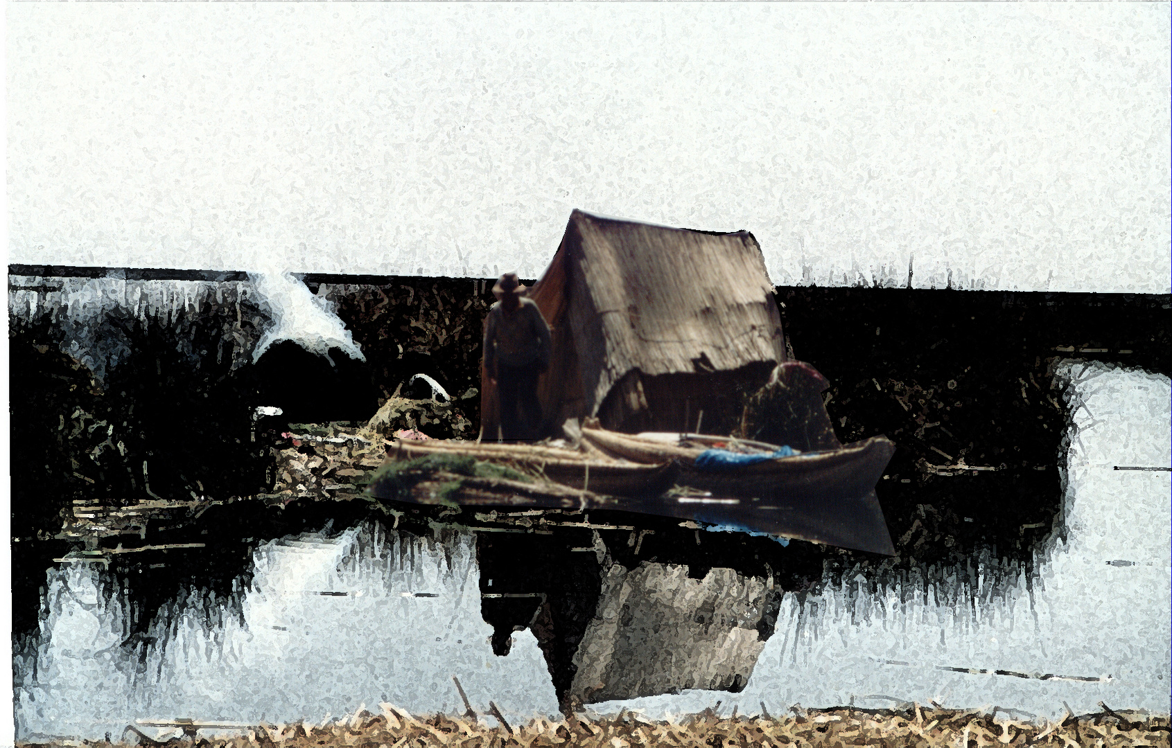 -familia aymára en su vivienda sobre el lago titicaca.