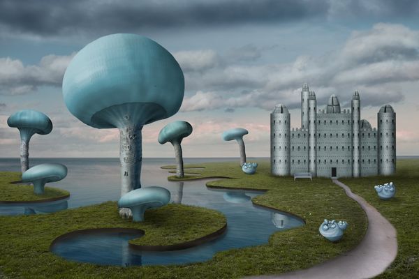 Fantasielandschaft (mit Pilzen und einem Schloss)
