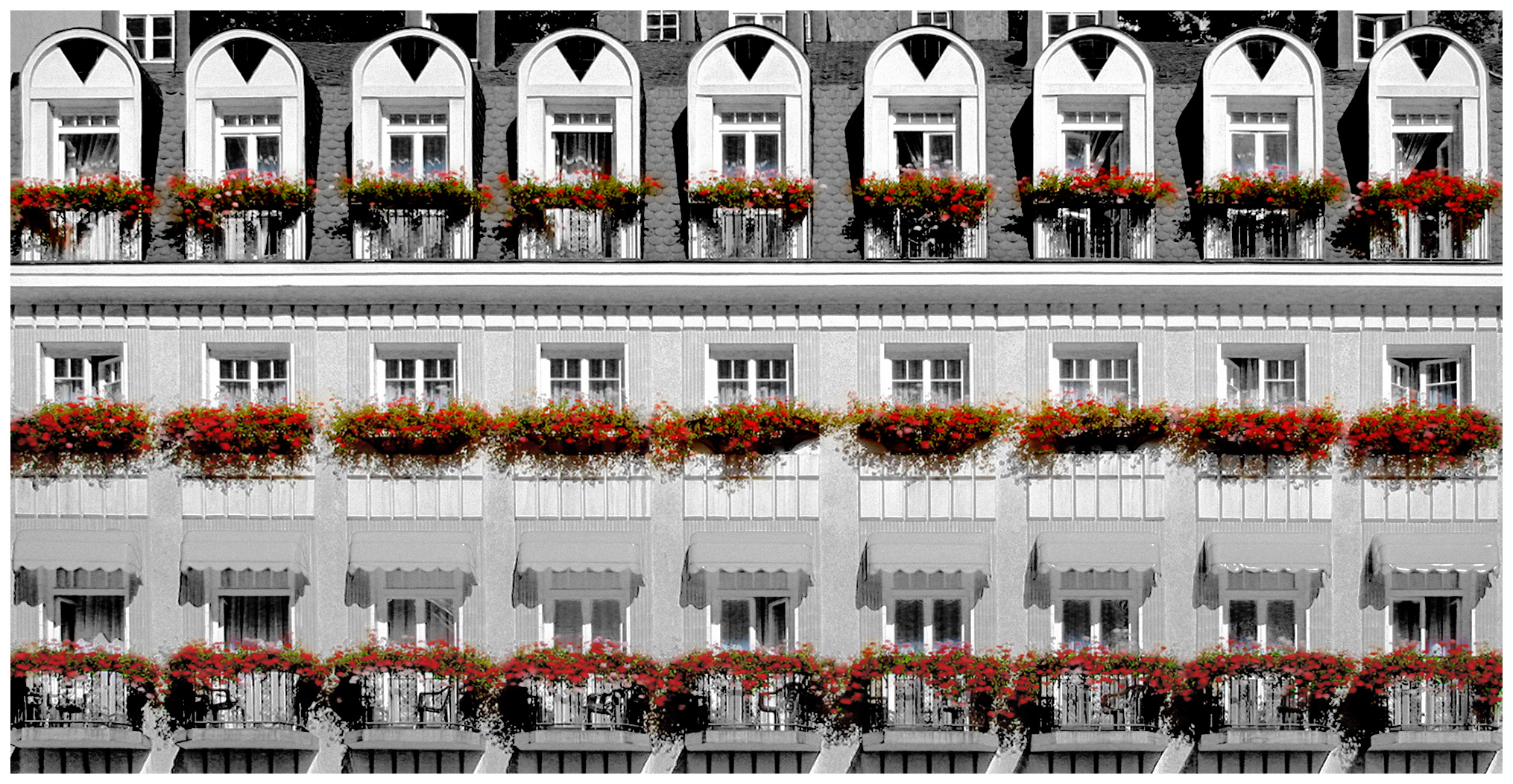 Fassade des Gebäudes mit Blumen