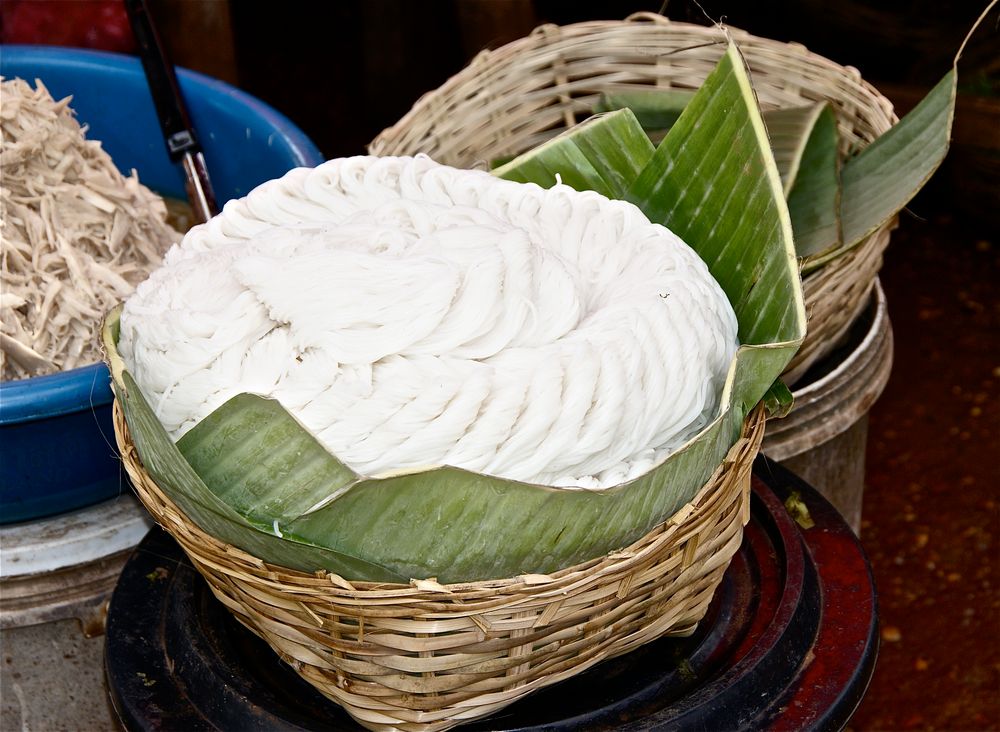 feine nudeln mit kraut im hintergrund, pakse südlaos 2010