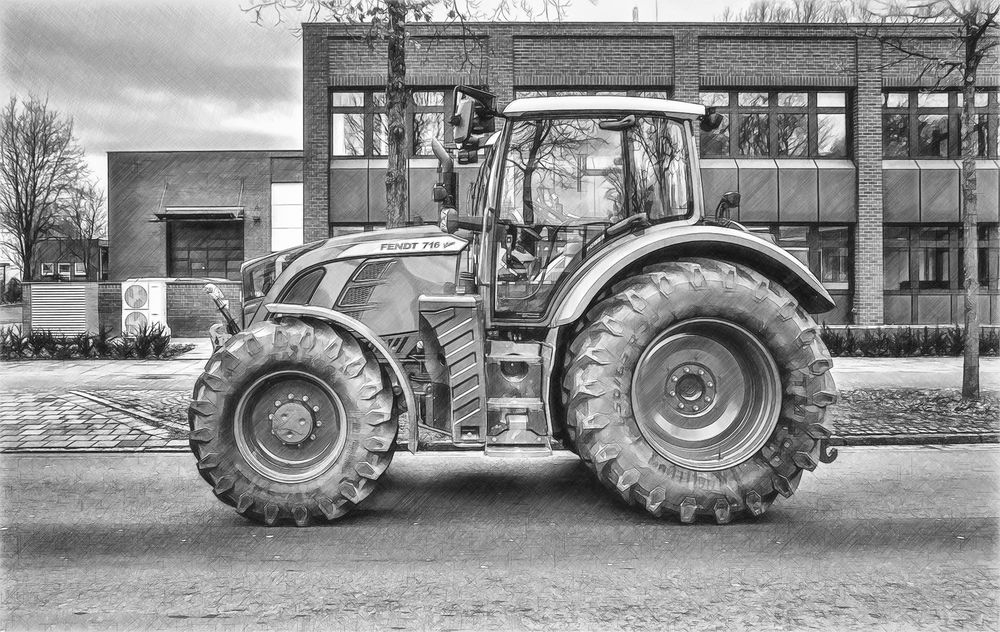 Fendt 716 Vario als Schwarzweiß-Zeichnung