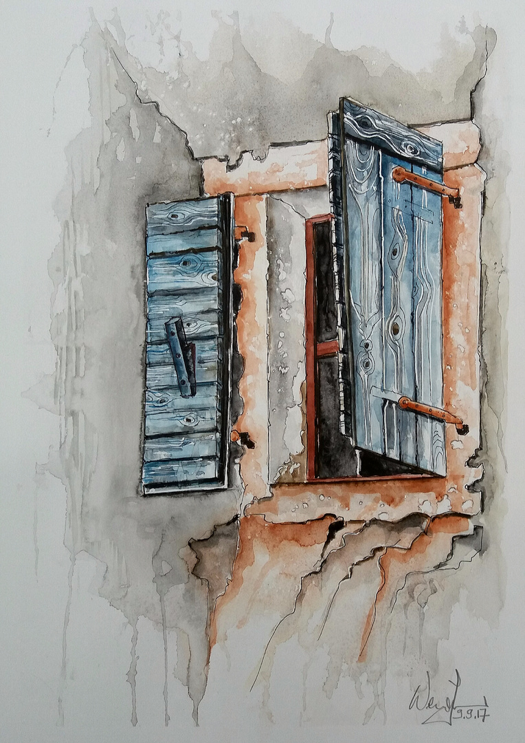 Fenster Mit Blauen Balken Foto Bild Aquarelle Aquarell Bleistift Bilder Auf Fotocommunity
