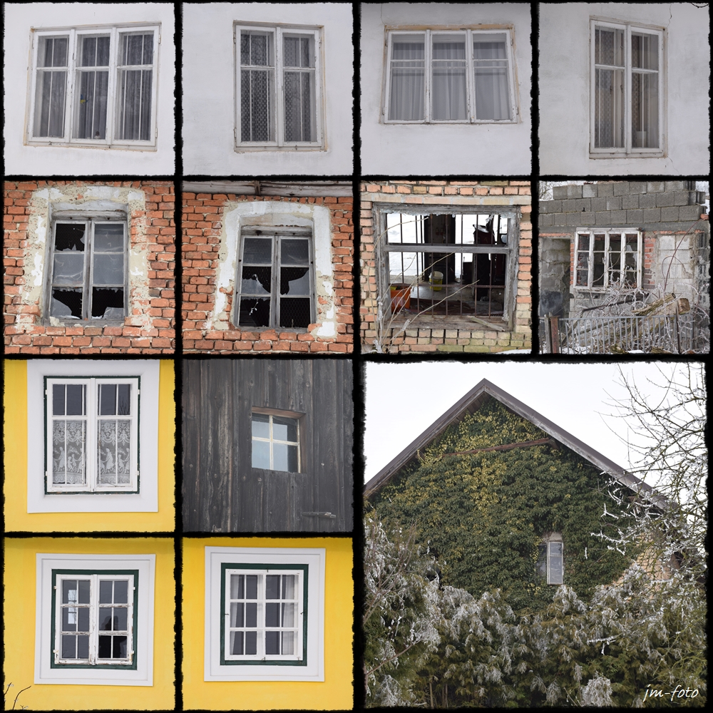 Fenster von drei unbewohnten Häusern