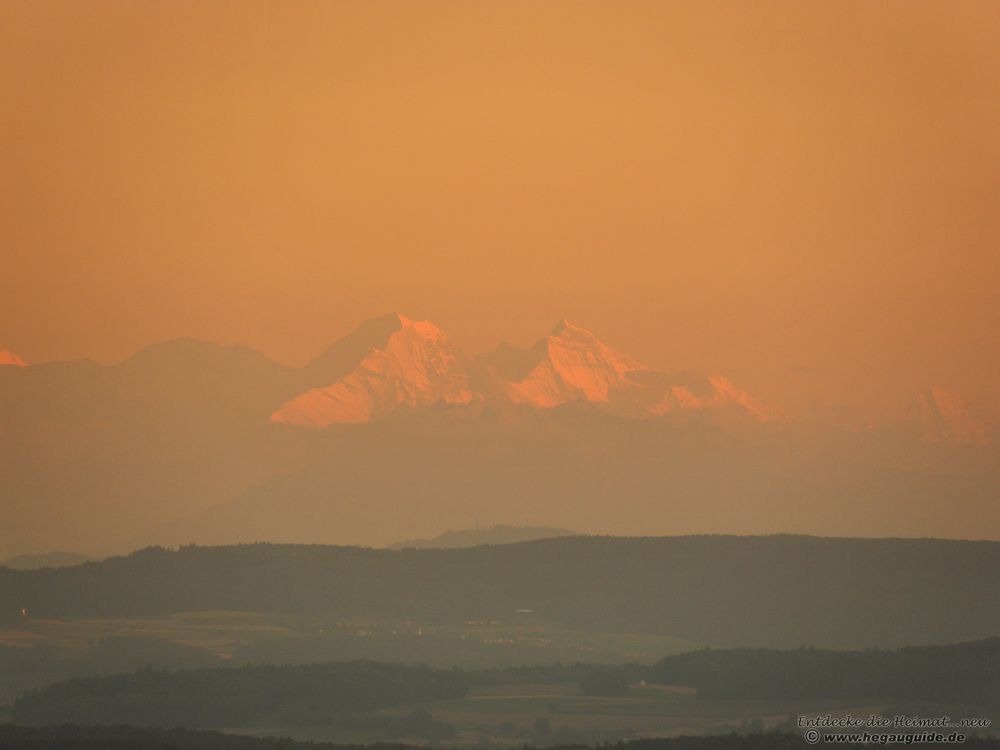 Ferne Schweizer Alpengipfel im Abendlicht