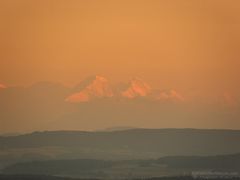 Ferne Schweizer Alpengipfel im Abendlicht