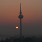 fernmeldeturm mannheim ,sonnenaufgang mit frühnebel