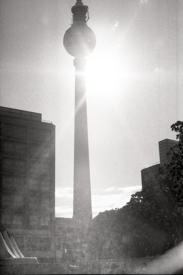 Fernsehturm und Brunnen am Alexanderplatz im Sommer