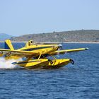 Feuerlöschflugzeug beim Wasser aufnehmen