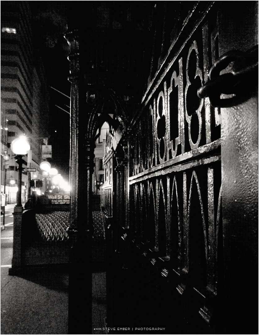 FiDi Nights No.5 - Ironwork and Subway Globes, Lower Broadway