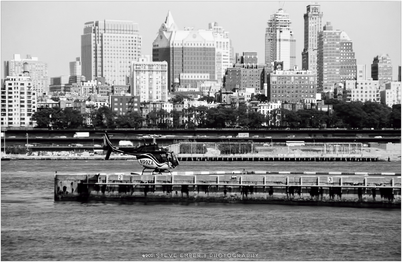 Filmic NYC No.11 - View to a Chopper and Brooklyn Heights