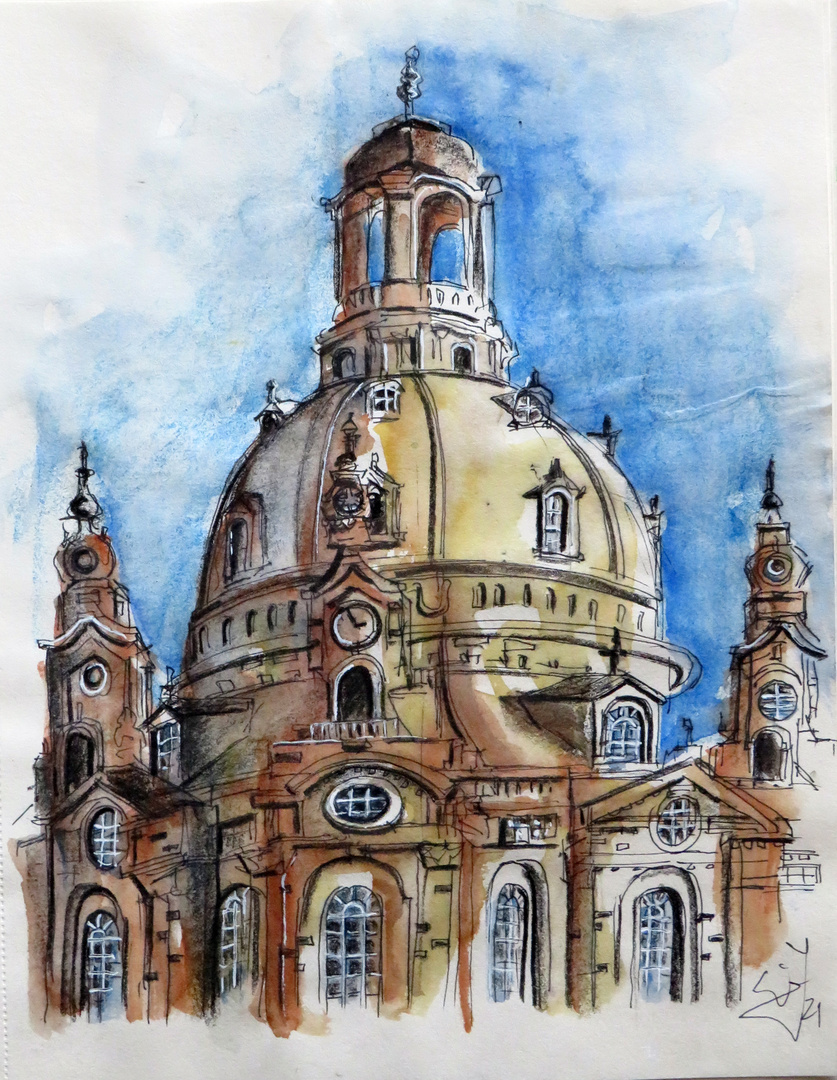 Fineliner Aquarell Skizze , Frauenkirche , Dresden