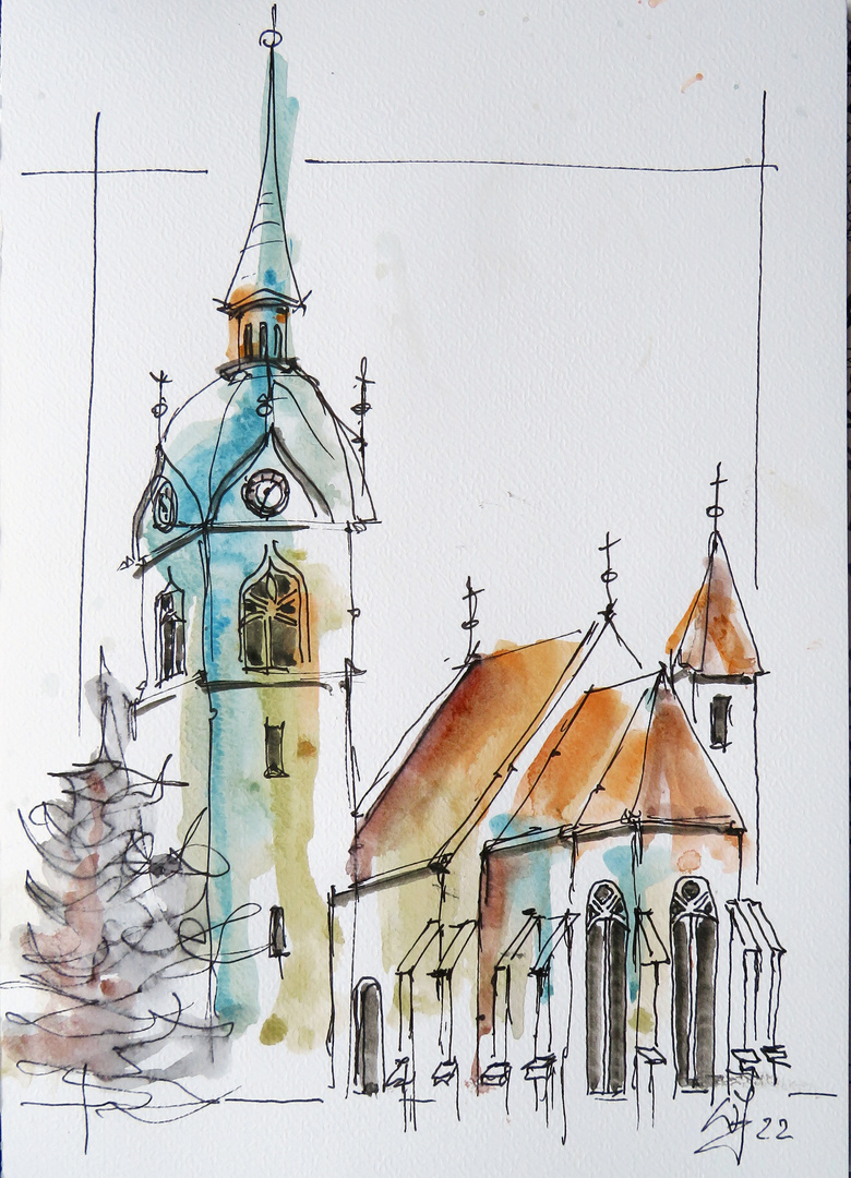 Fineliner-Aquarell_Kirche Althofen II_ARTIST300_A4