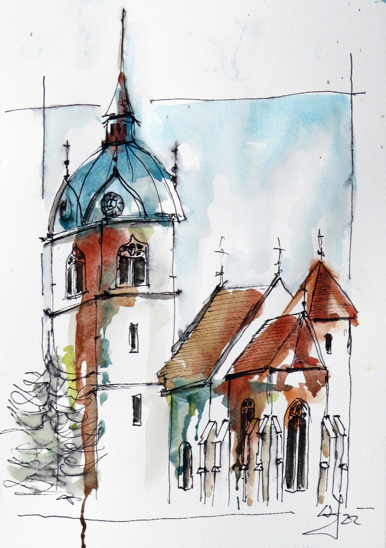 Fineliner-Aquarell_Kirche Althofen III_ARTIST300_A4