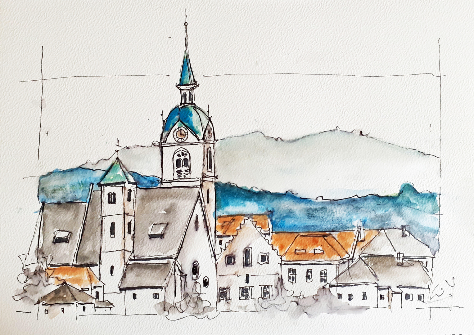 Fineliner-Aquarell_Kirche  Althofen IV_ARTIST300_A4