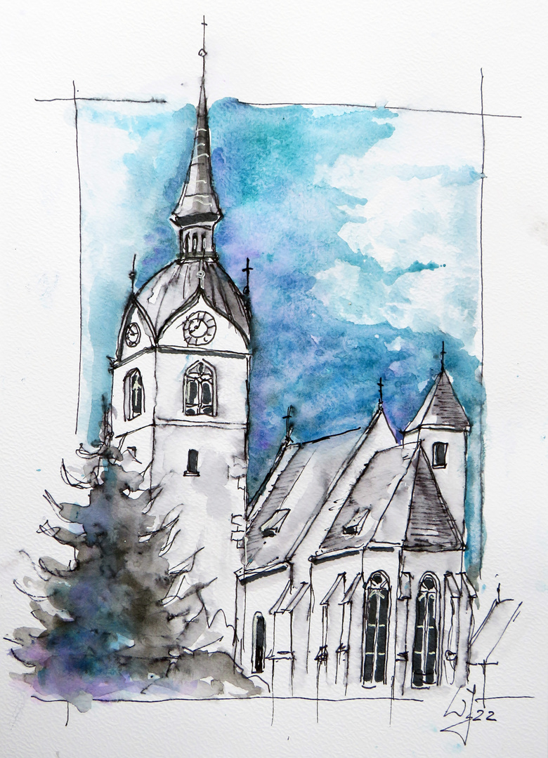 Fineliner-Aquarell_Kirche Althofen_ARTIST300_A4