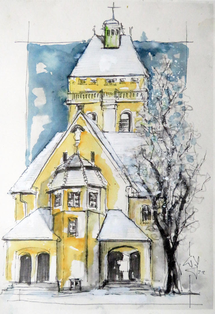 Fineliner-Aquarell_Kirche FF Variante1.0_ARTIST Skizzenblock160_A4