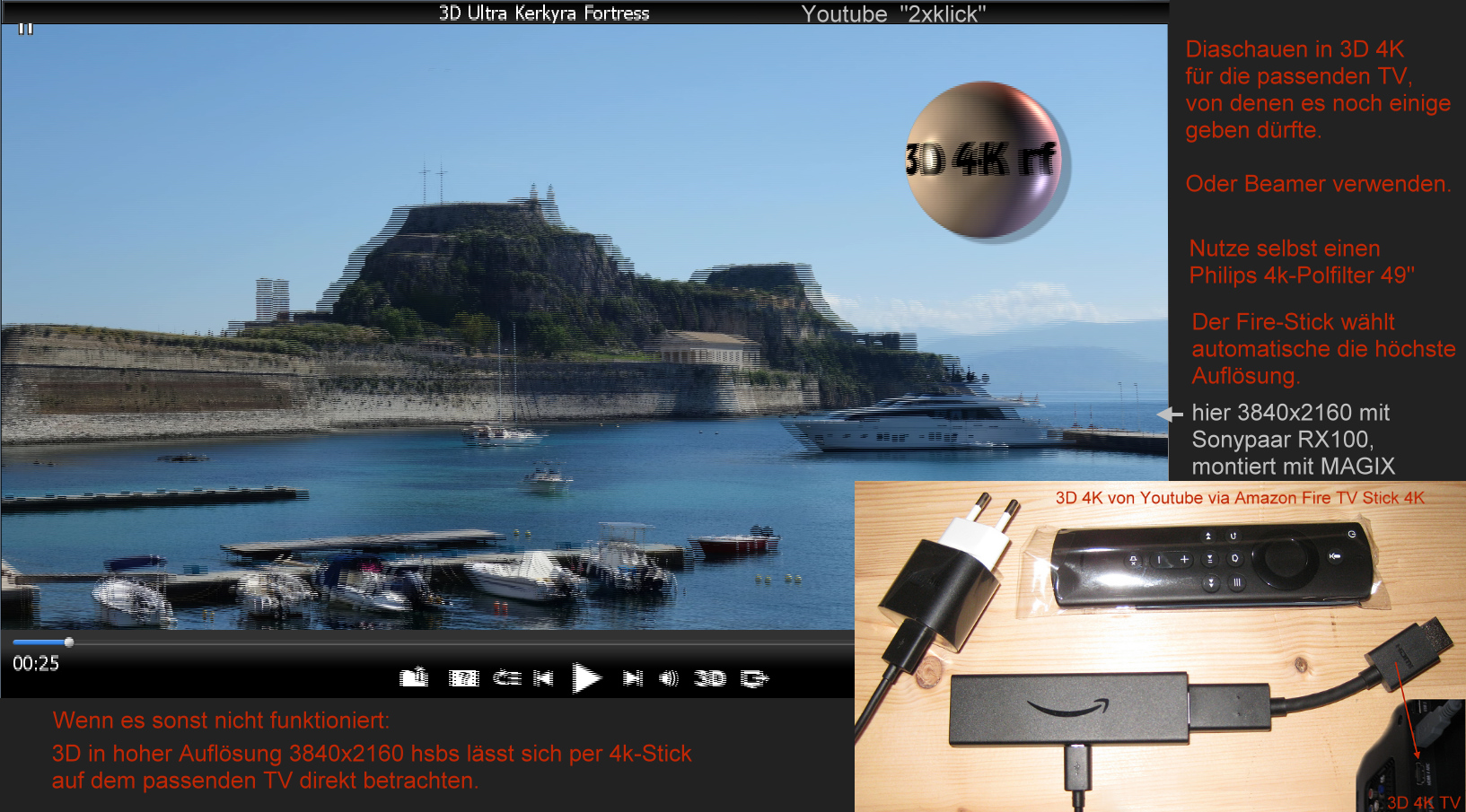 Fire TV Stick 4K - 3D in hoher  Bildqualität, z B. von Youtube, direkt an DLP-Beamer