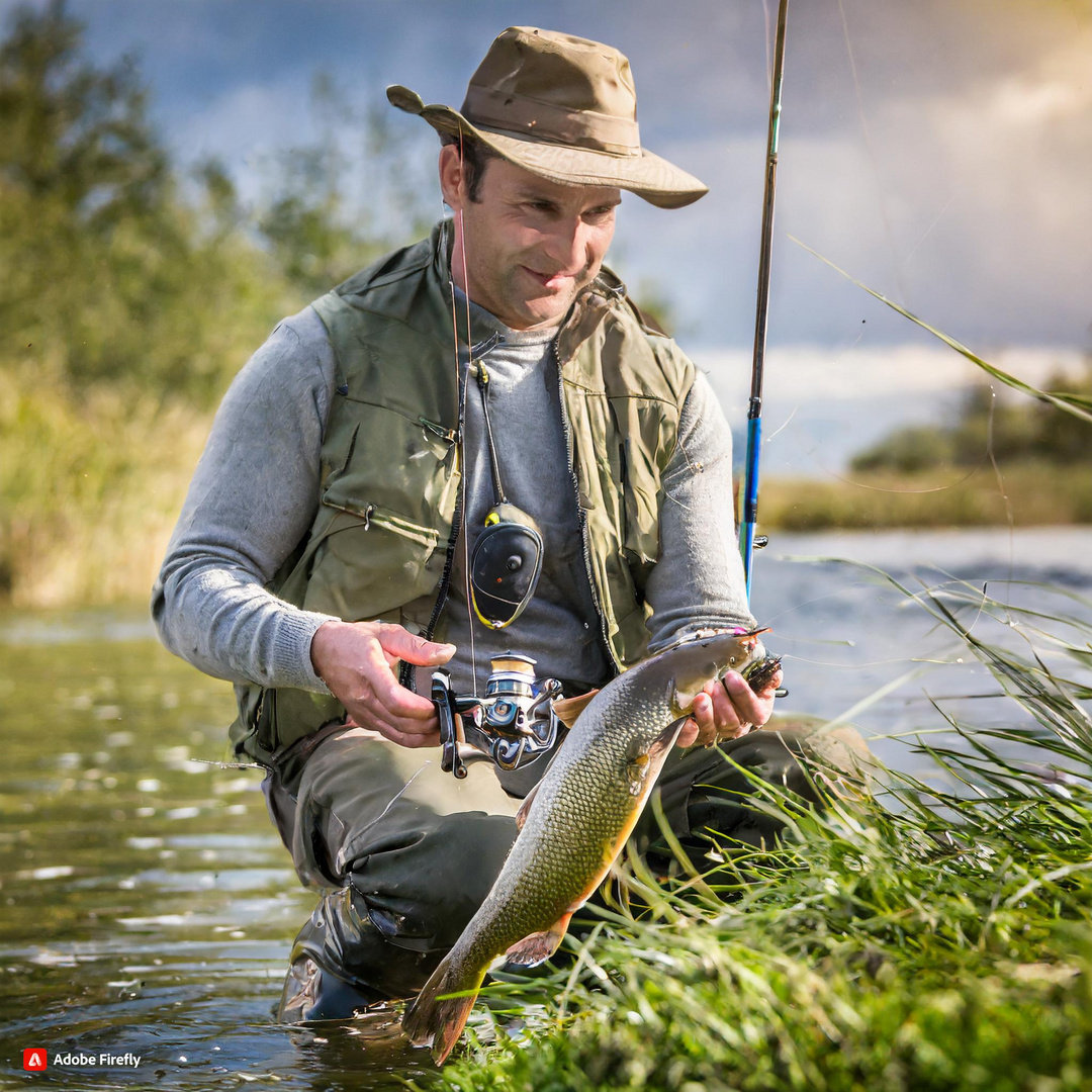 Firefly Angler beim Fliegenfischen mit gefangenem Wels 1462