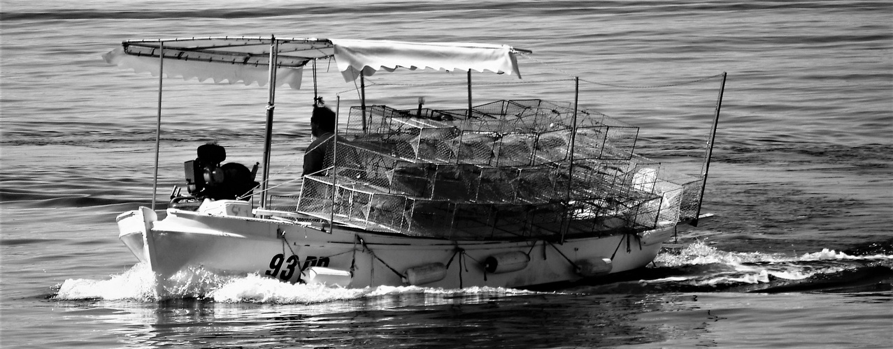 Fischerboot mit Käfigen vor der Insel Krk