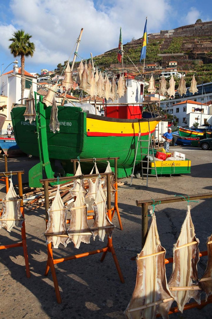 Fischerboot mit Stockfischen