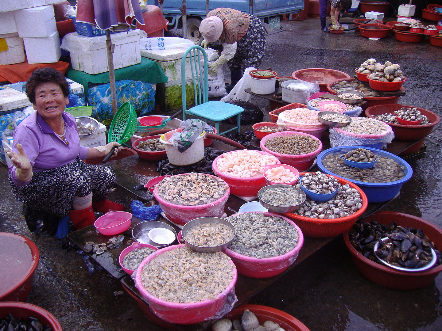 Fischmarkt,Muscheln und Schalentiere im Angebot.