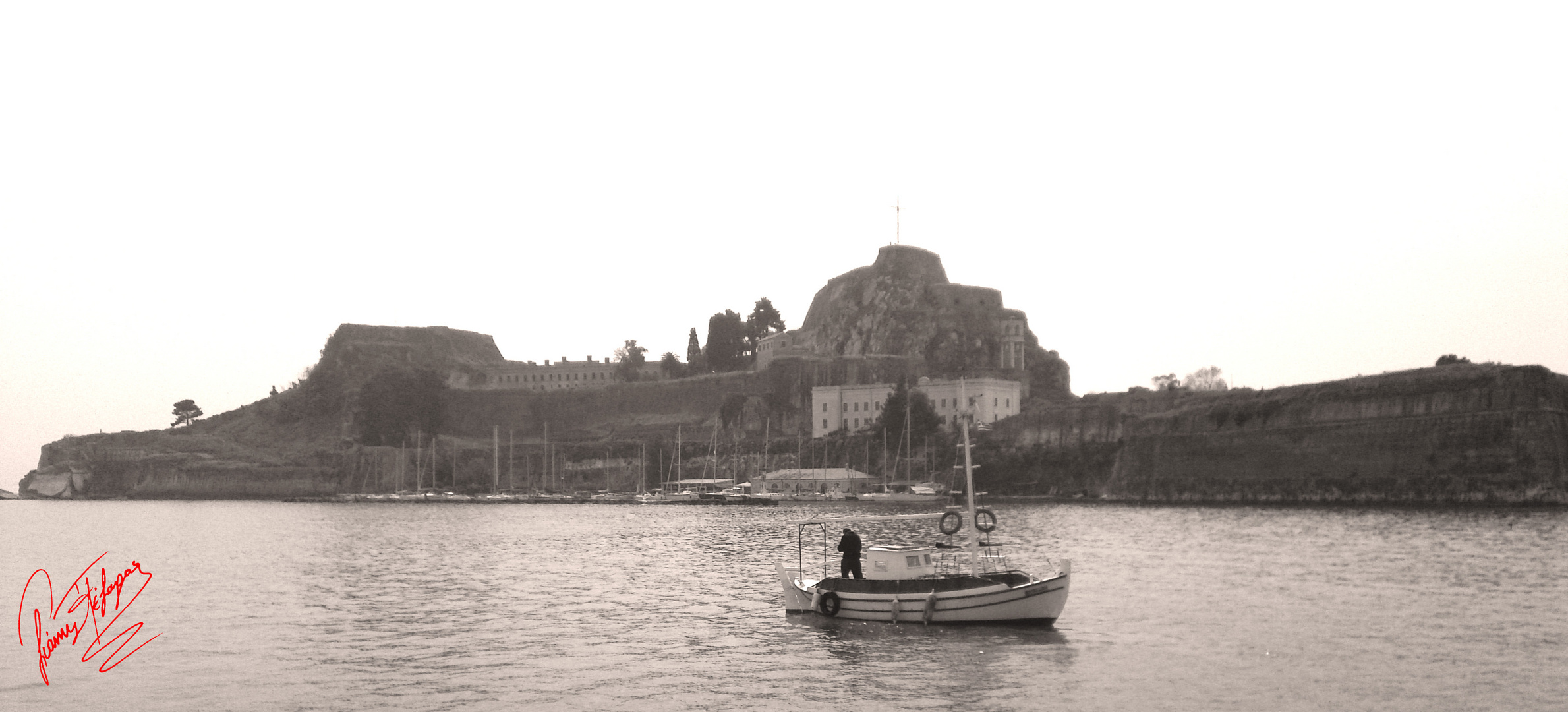 Fishing boat near old fortress of Corfu