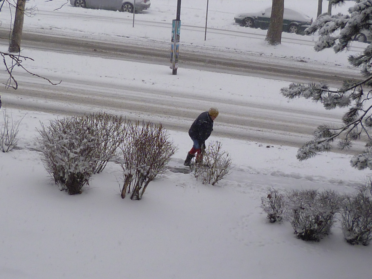 Fleißige Hausbesorgerin schaufelt den Schnee