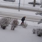Fleißige Hausbesorgerin schaufelt den Schnee