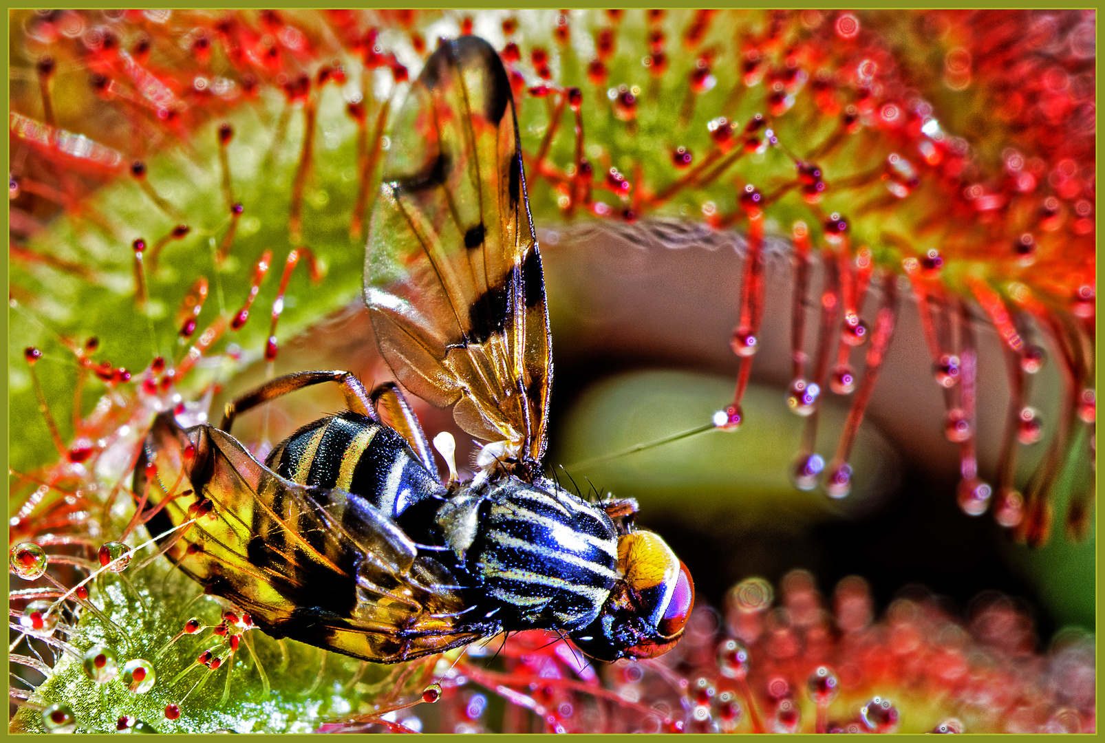 Fliege gefangen im rundblättrigen Sonnentau, Drosera venusta