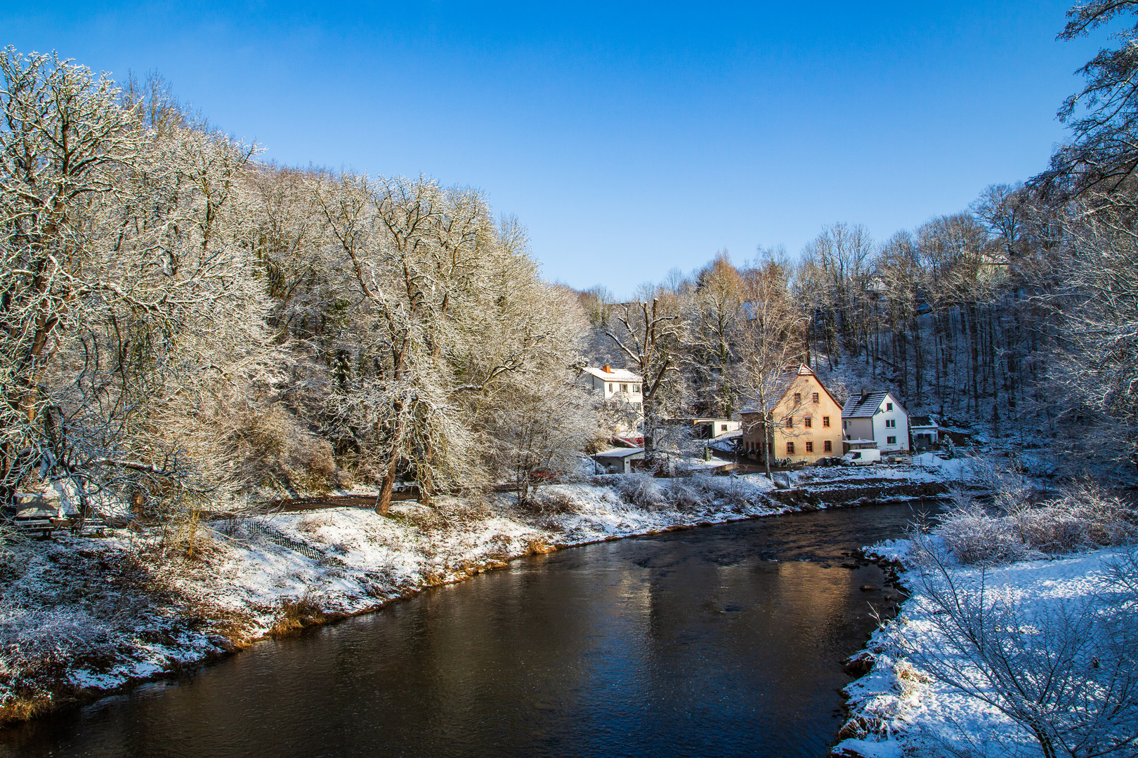 Flusslandschaft in Wintersonne getaucht