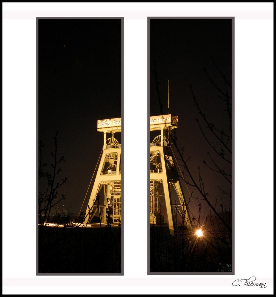 Förderturm bei Nacht