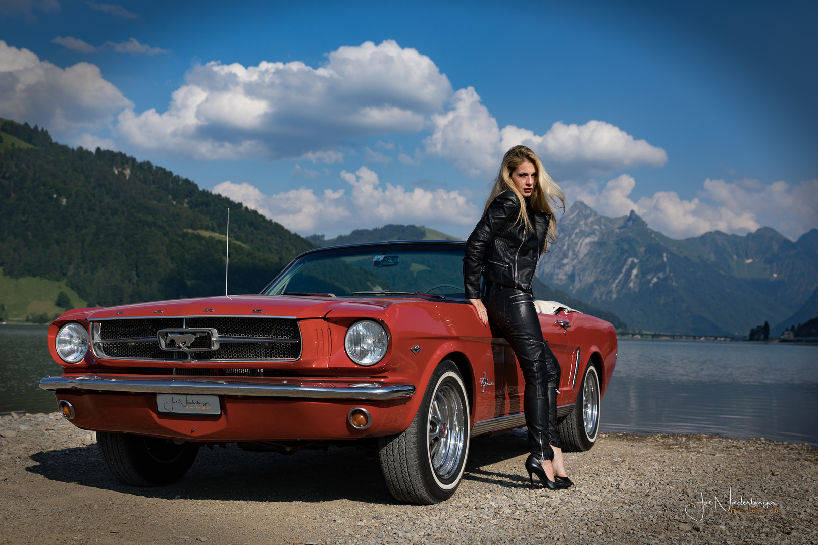 Ford Mustang and Denisa by the lake