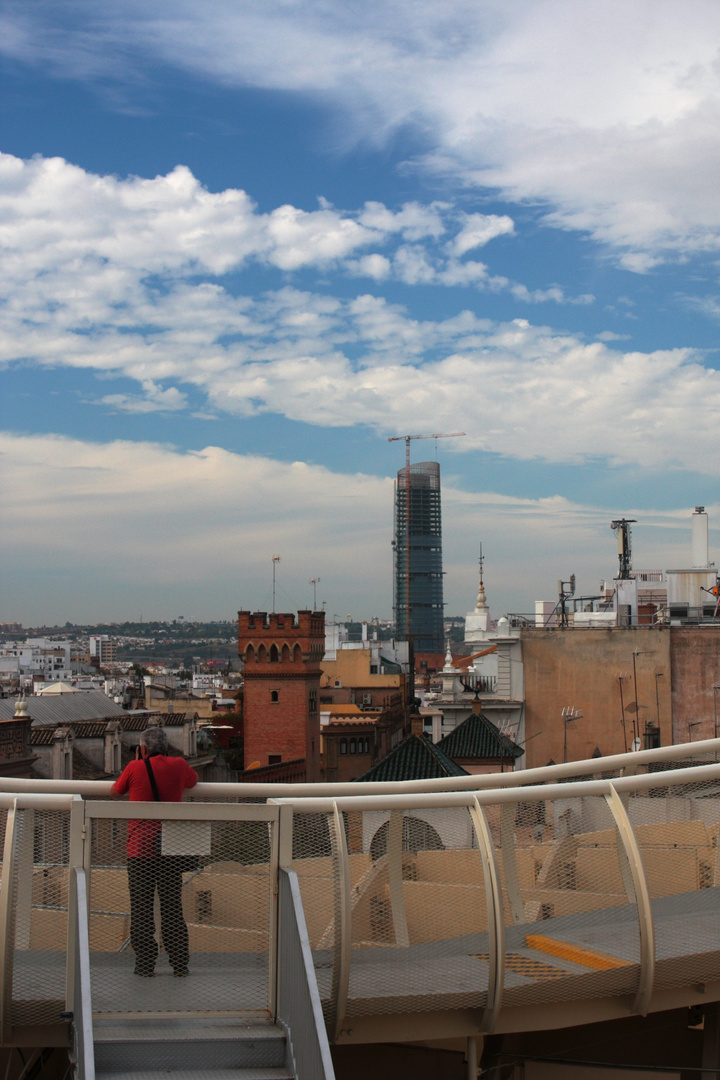 fotografo cazado en las setas. torre pelli de fondo