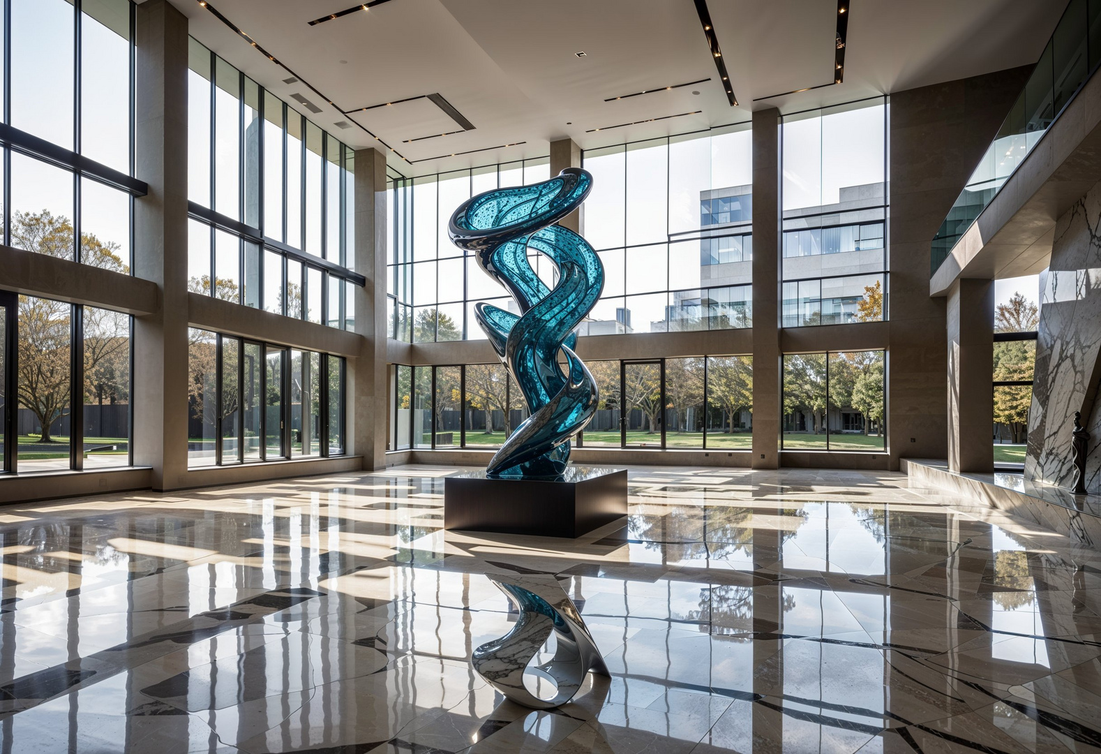 Foyer mit einer KI entworfenen Glas-Skulptur