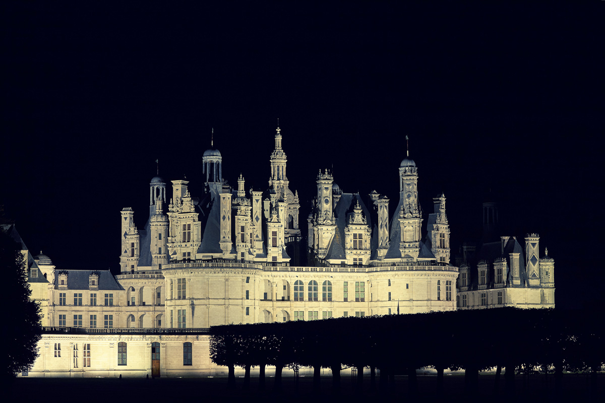 France, Château de Chambord at night.