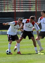 Franck Ribéry, Martín Demichelis und Daniel van Buyten beim FC Bayern Training am 14.05.2008