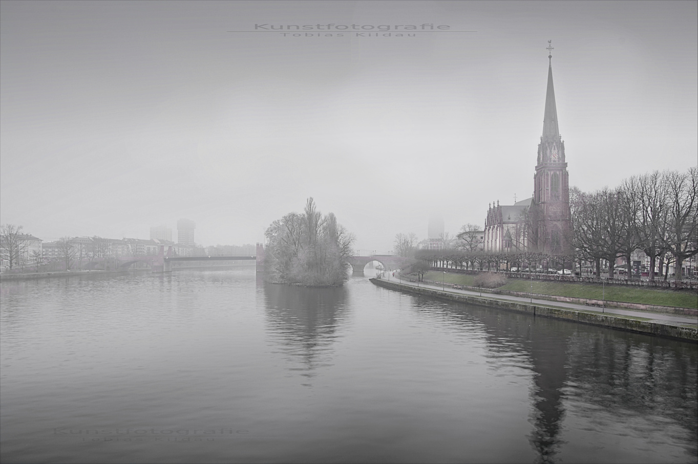 Frankfurt am Main. Das Mainufer im Winternebel.