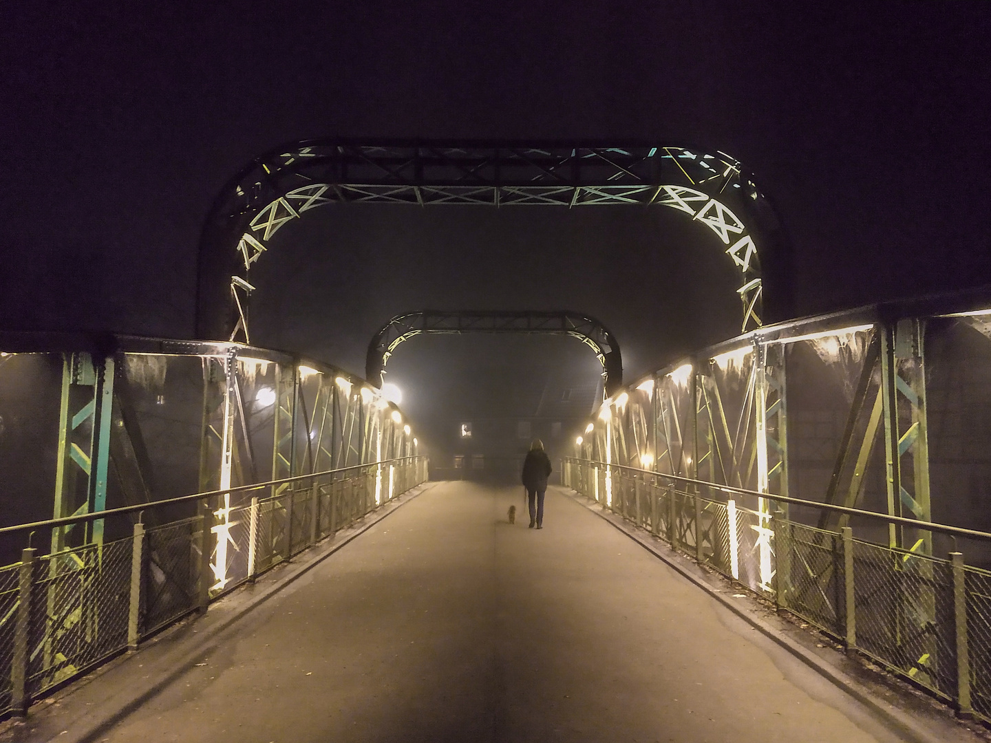 Frau mit Hund auf der Kohlfurther Brücke