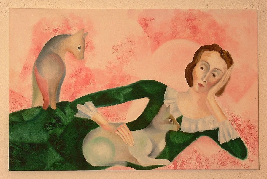 Frau mit zwei Katzen  (105 x 69 cm)