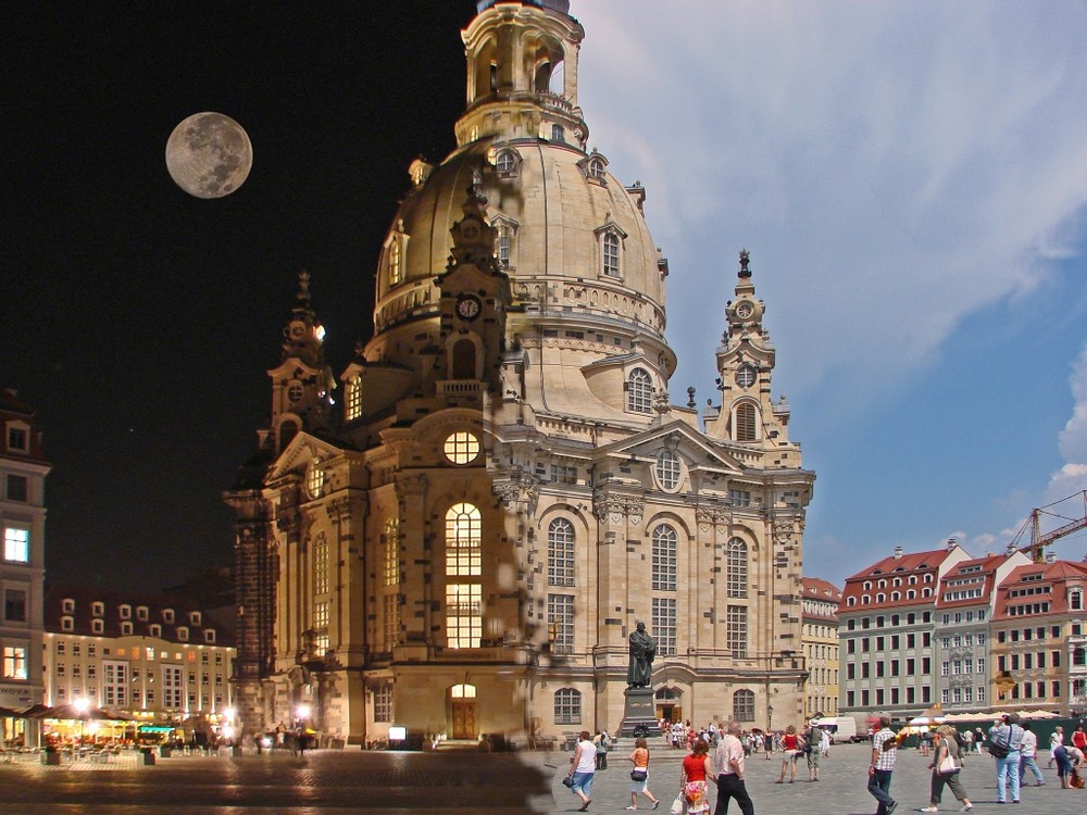 Frauenkirche Dresden Tag und Nacht Effekt