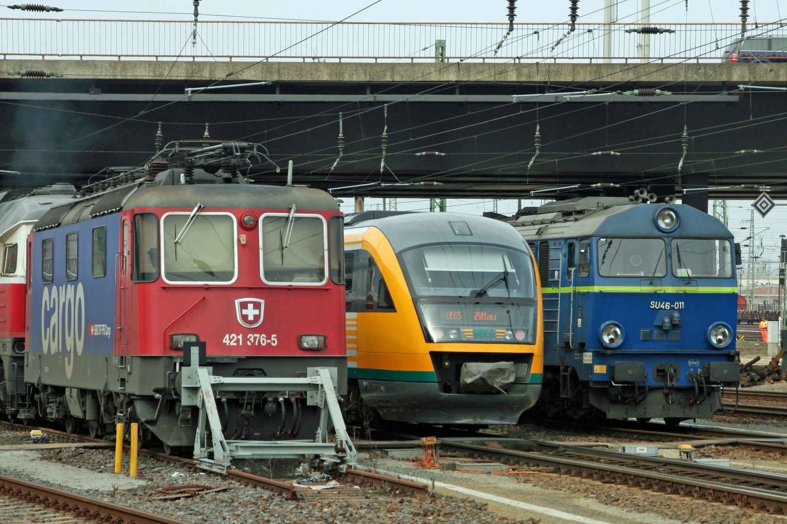 Friedliche Koexistenz auf dem Bahnhof Cottbus: Schweiz, Deutschland, Polen