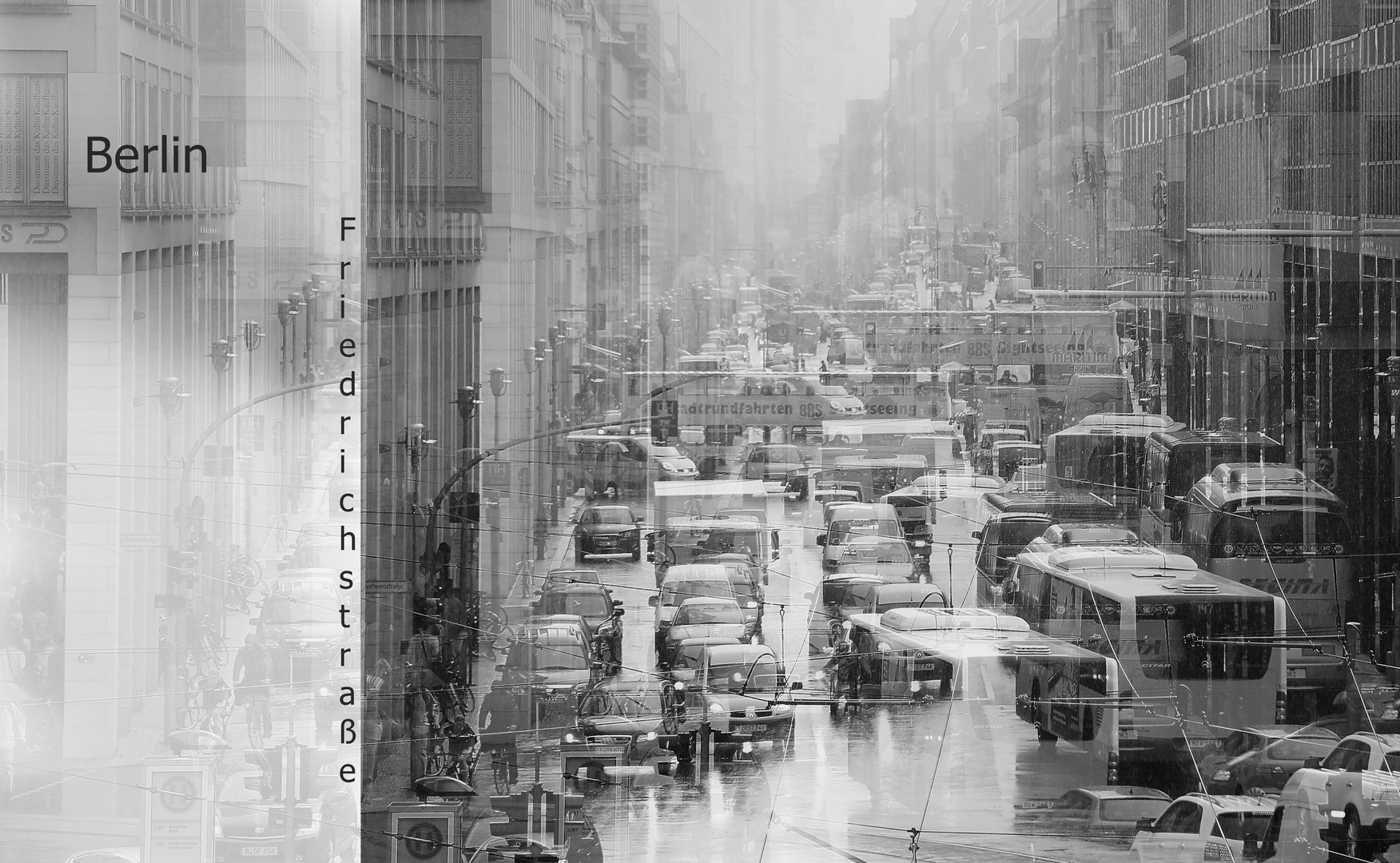 Friedrichstraße im Regen und mit verrutschter Brille.