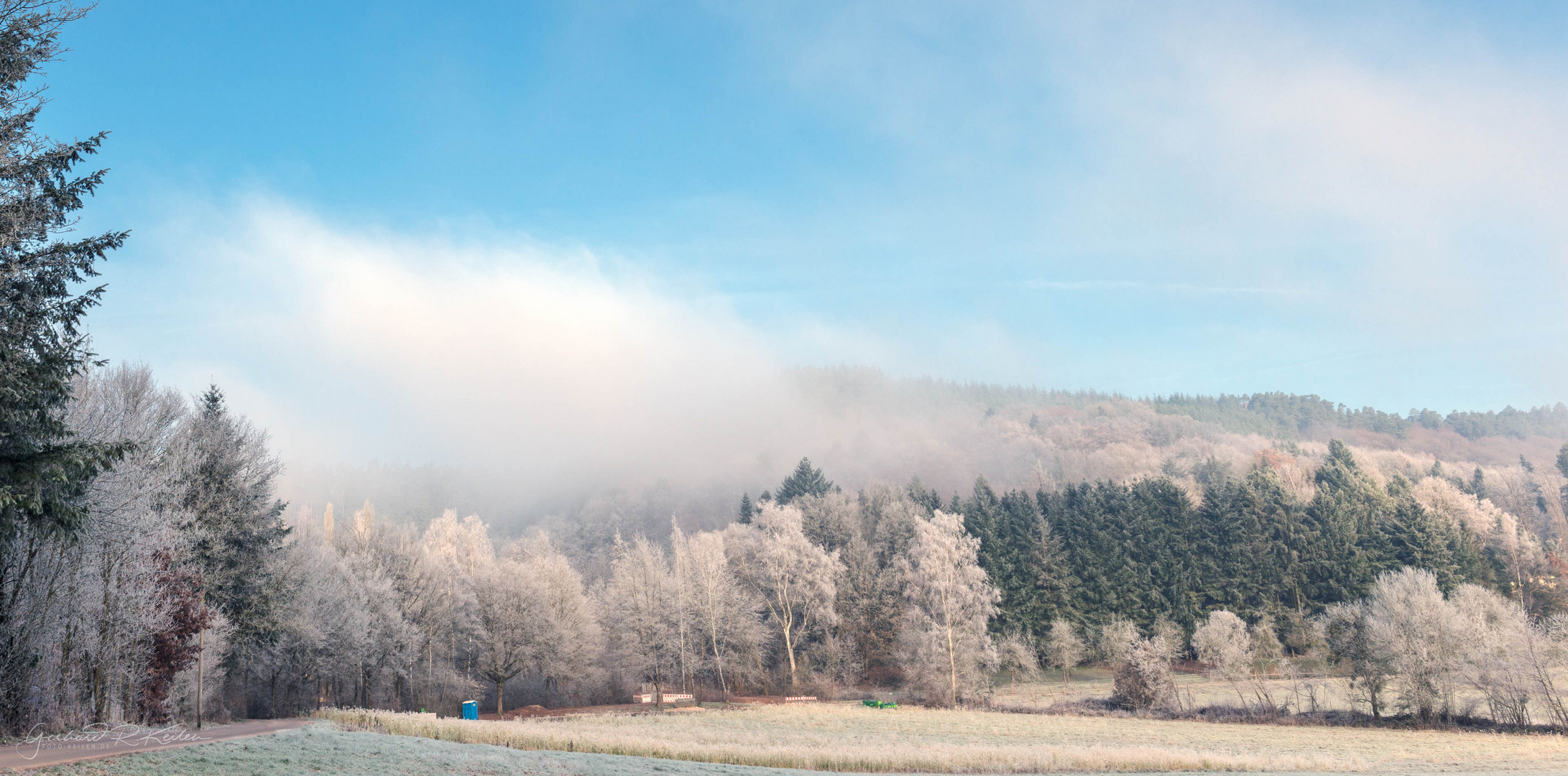 Frostiger, nebliger Winterwald in der Eifel und das Dixi - Klo